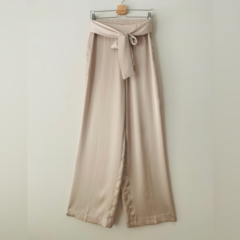 Express High Rise Wide-Leg Pants with Tie Waist Women Size M Beige Quiet Luxury - Picture 3 of 12